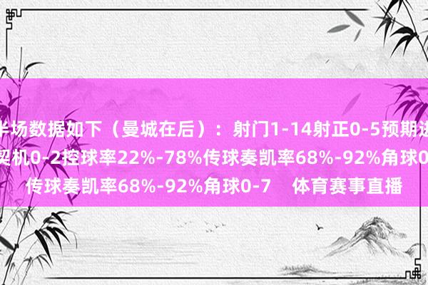 半场数据如下（曼城在后）：射门1-14射正0-5预期进球0.07-1.37进球契机0-2控球率22%-78%传球奏凯率68%-92%角球0-7    体育赛事直播